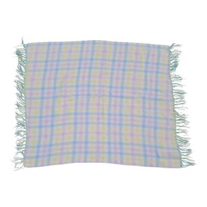​Vtg Pastel Plaid Baby Blanket - Blue Yellow Pink White - Woven Fringe 34"x39"